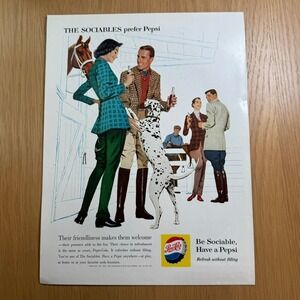 Vintage Pepsi Cola Sociables Ad 1960 Equestrian Dog Print Decor Wall Collectible